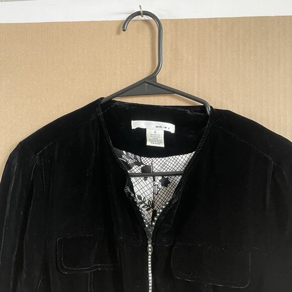 Vintage Women’s Jacket Y2K Black Velvet Full Zip Rhinestone Detail Belted Bling - Picture 3 of 11